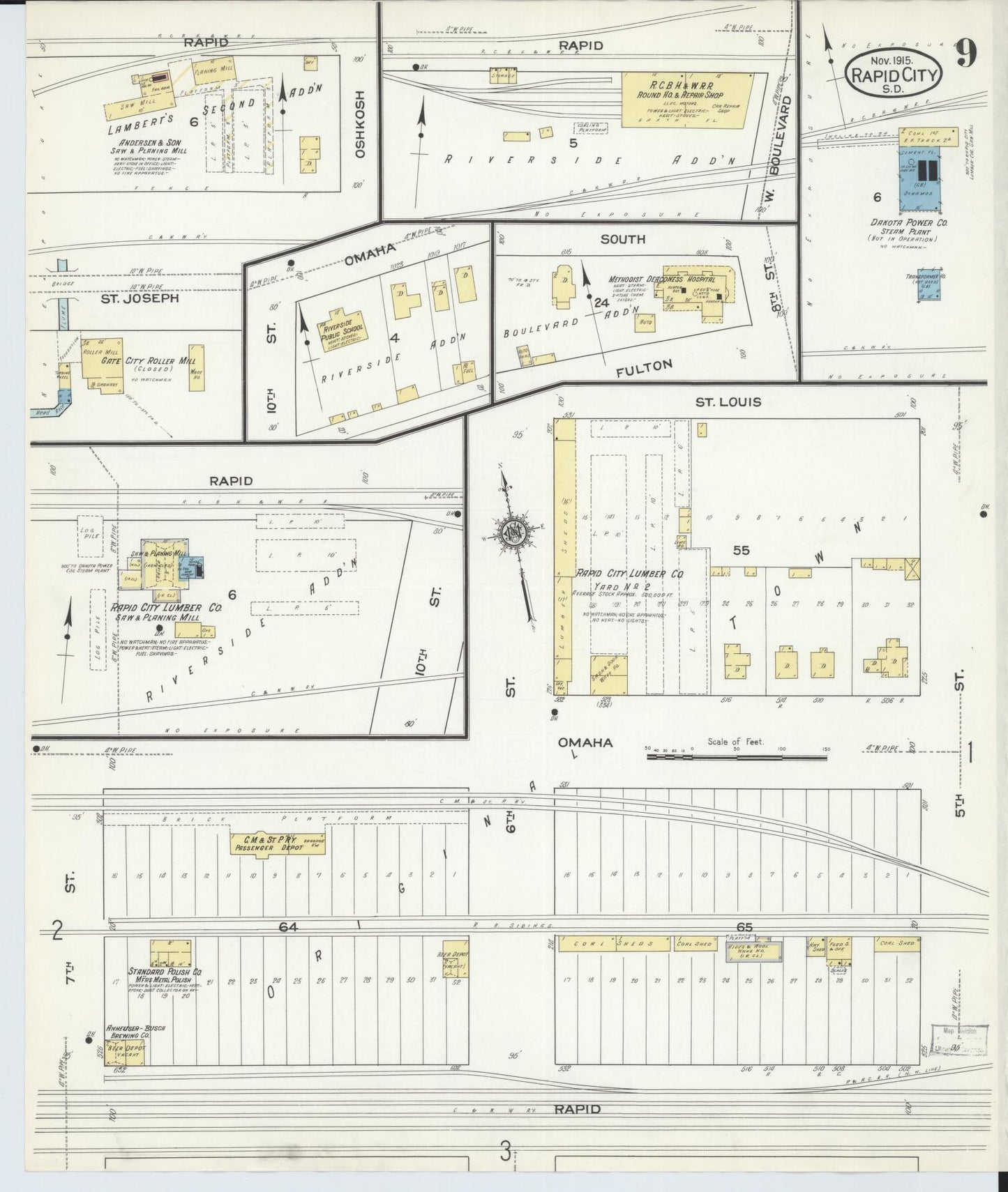 Sanborn Fire Insurance Map from Rapid City, Pennington County, South Dakota (1915), Sheet #0009 - Historic Sanborn Fire Insurance Map Print, vintage old map wall art, antique decor, genealogy gift, South Dakota South Dakota map