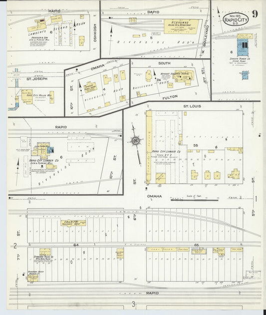 Sanborn Fire Insurance Map from Rapid City, Pennington County, South Dakota (1915), Sheet #0009 - Historic Sanborn Fire Insurance Map Print, vintage old map wall art, antique decor, genealogy gift, South Dakota South Dakota map