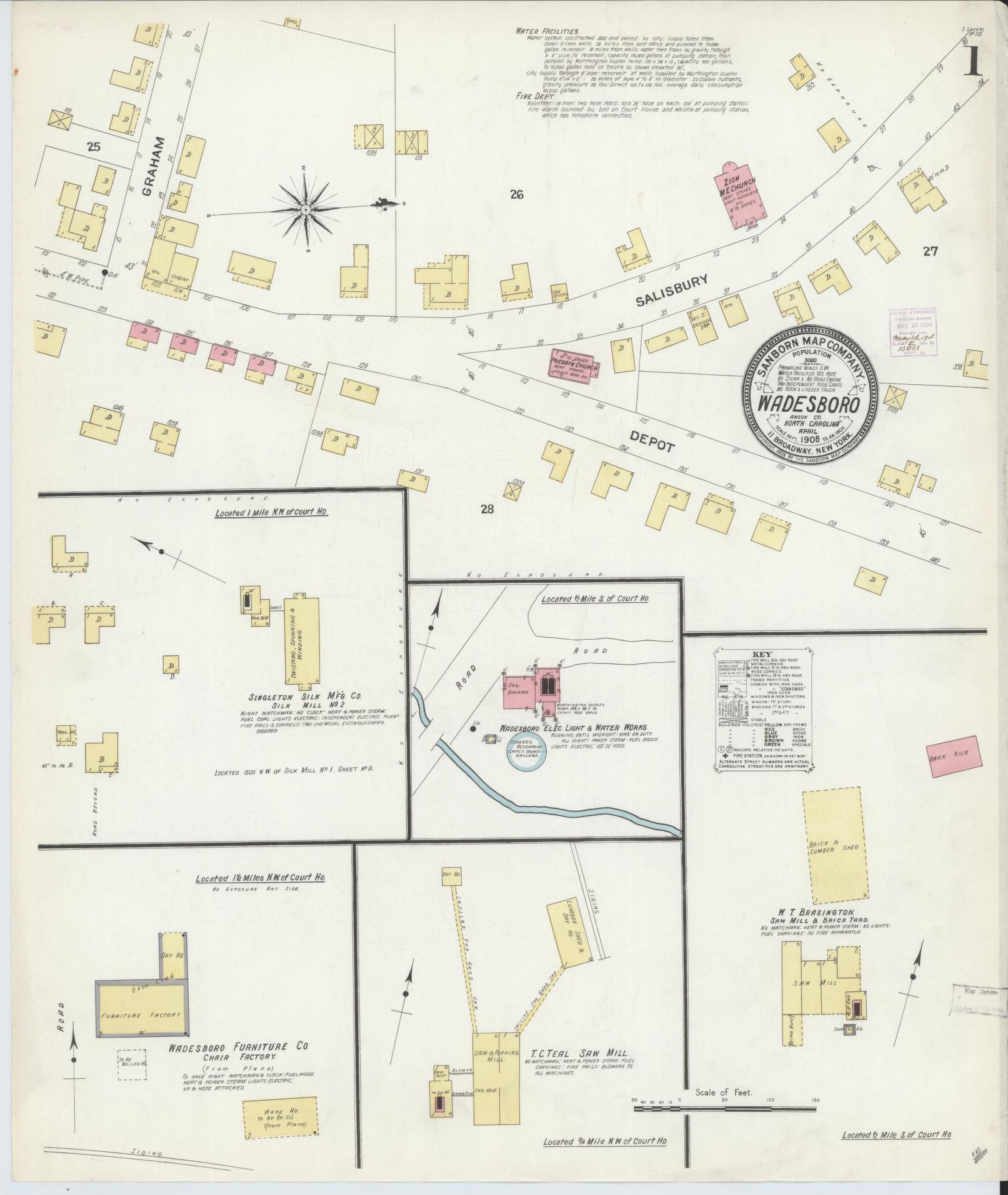 Sanborn Fire Insurance Map from Wadesboro, Anson County, North Carolina (1908), Sheet #0001 - Historic Sanborn Fire Insurance Map Print, vintage old map wall art, antique decor, genealogy gift, North Carolina North Carolina map