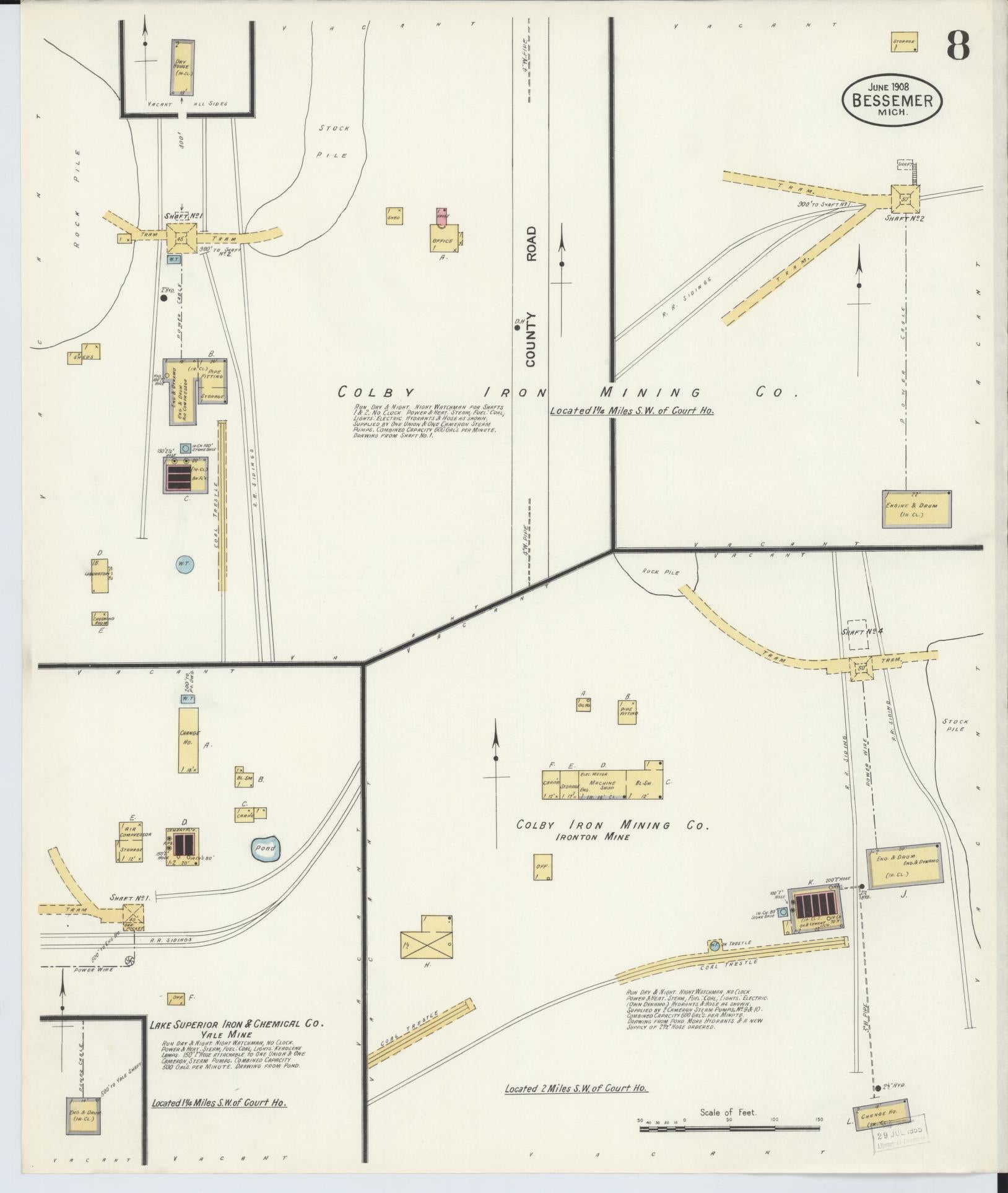 Sanborn Fire Insurance Map from Bessemer, Gogebic County, Michigan (1908), Sheet #0008 - Historic Sanborn Fire Insurance Map Print, vintage old map wall art, antique decor, genealogy gift, Michigan Michigan map