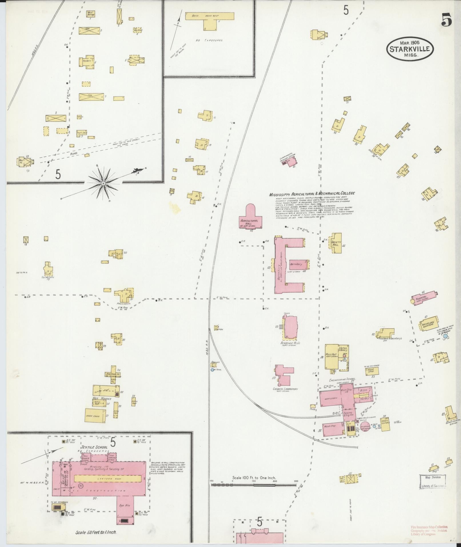 Sanborn Fire Insurance Map from Starkville, Oktibbeha County, Mississippi (1905), Sheet #0005 - Complete Map Set gallery image, historic Sanborn map, vintage wall art, Mississippi Mississippi