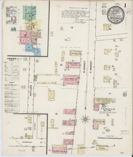 Sanborn Fire Insurance Map from Reidsville, Rockingham County, North Carolina (1890), Sheet #0001 - Historic Sanborn Fire Insurance Map Print, vintage old map wall art, antique decor, genealogy gift, North Carolina North Carolina map