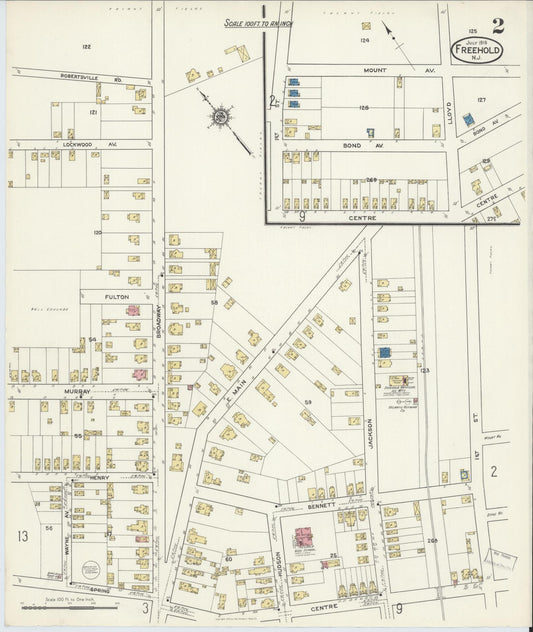 Sanborn Fire Insurance Map from Freehold, Monmouth County, New Jersey (1916), Sheet #0002 - Historic Sanborn Fire Insurance Map Print, vintage old map wall art, antique decor, genealogy gift, New Jersey New Jersey map