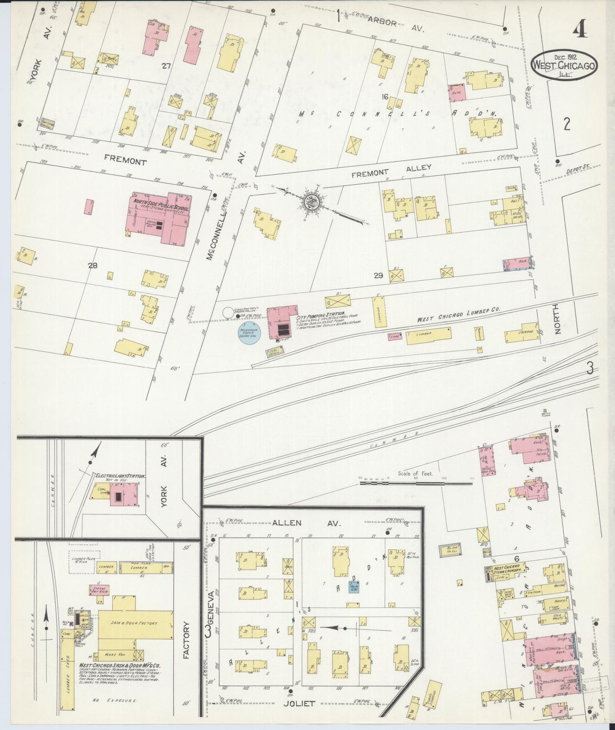 Sanborn Fire Insurance Map from West Chicago, Du Page County, Illinois (1912), Sheet #0004 - Historic Sanborn Fire Insurance Map Print, vintage old map wall art, antique decor, genealogy gift, Illinois Illinois map
