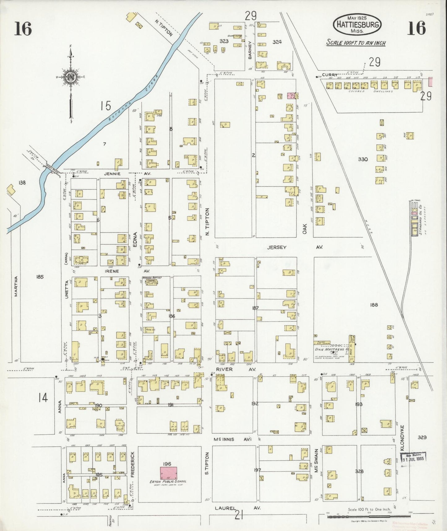 Sanborn Fire Insurance Map from Hattiesburg, Forrest County, Mississippi (1925), Sheet #0016 - Complete Map Set gallery image, historic Sanborn map, vintage wall art, Mississippi Mississippi