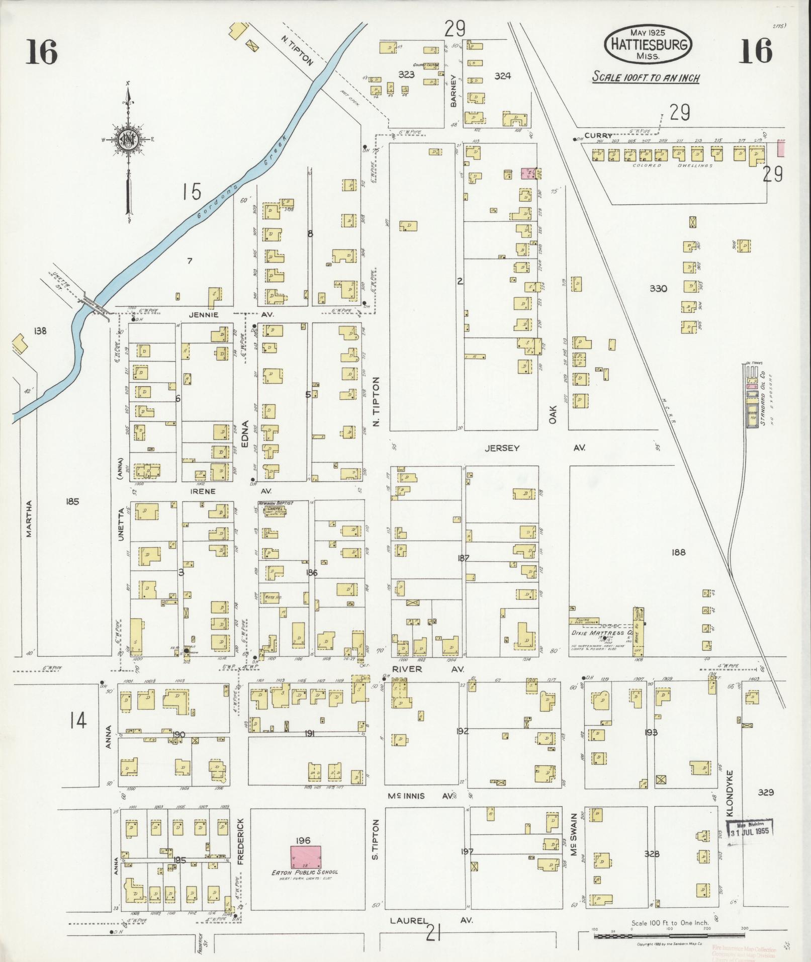 Sanborn Fire Insurance Map from Hattiesburg, Forrest County, Mississippi (1925), Sheet #0016 - Complete Map Set gallery image, historic Sanborn map, vintage wall art, Mississippi Mississippi