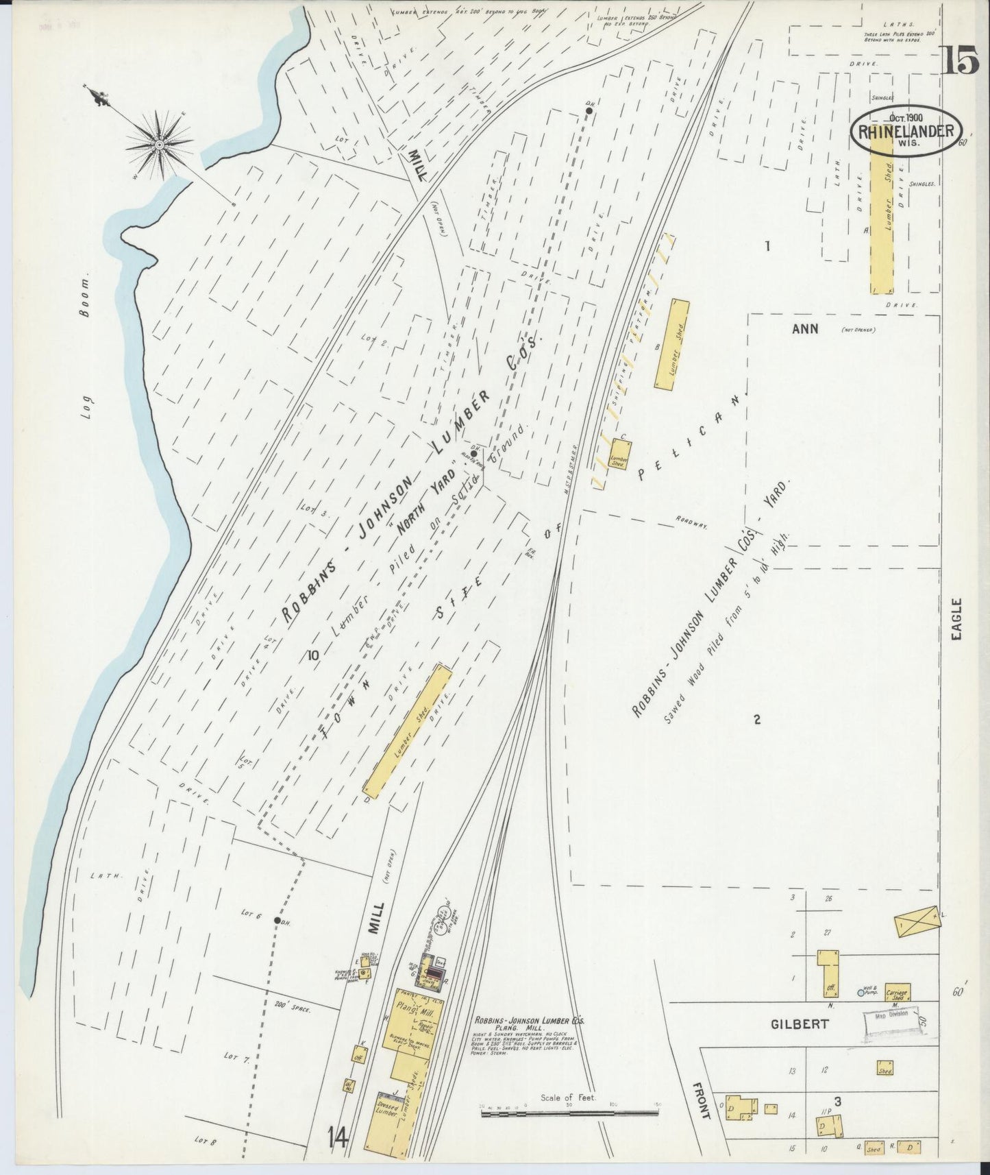Sanborn Fire Insurance Map from Rhinelander, Oneida County, Wisconsin (1900), Sheet #0015 - Historic Sanborn Fire Insurance Map Print, vintage old map wall art, antique decor, genealogy gift, Wisconsin Wisconsin map