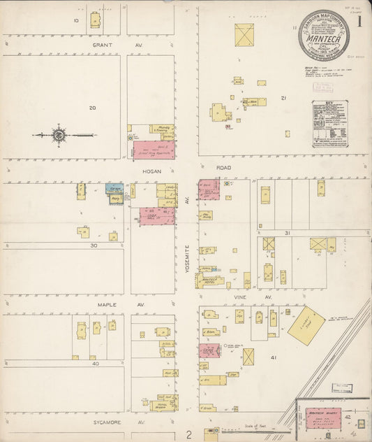 Sanborn Fire Insurance Map from Manteca, San Joaquin County, California (1913), Sheet #0001 - Historic Sanborn Fire Insurance Map Print, vintage old map wall art, antique decor, genealogy gift, California California map