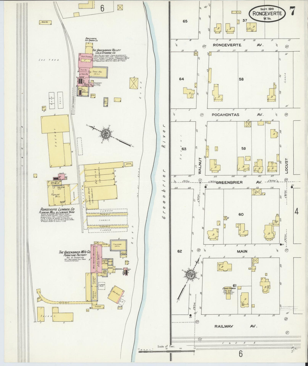 Sanborn Fire Insurance Map from Ronceverte, Greenbrier County, West Virginia (1910), Sheet #0007 - Historic Sanborn Fire Insurance Map Print, vintage old map wall art, antique decor, genealogy gift, West Virginia West Virginia map