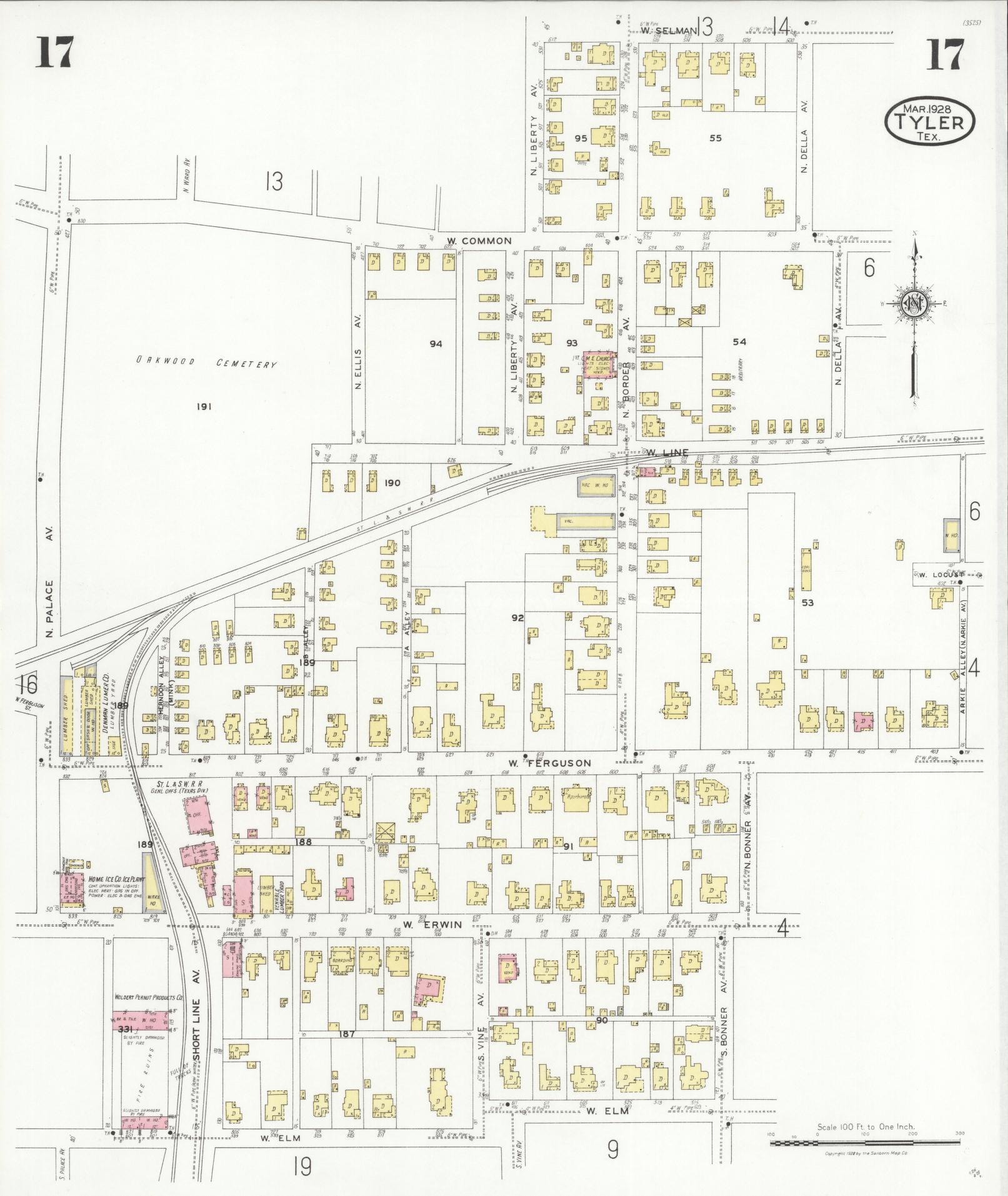 Sanborn Fire Insurance Map from Tyler, Smith County, Texas (1928), Sheet #0017 - Historic Sanborn Fire Insurance Map Print, vintage old map wall art, antique decor, genealogy gift, Texas Texas map
