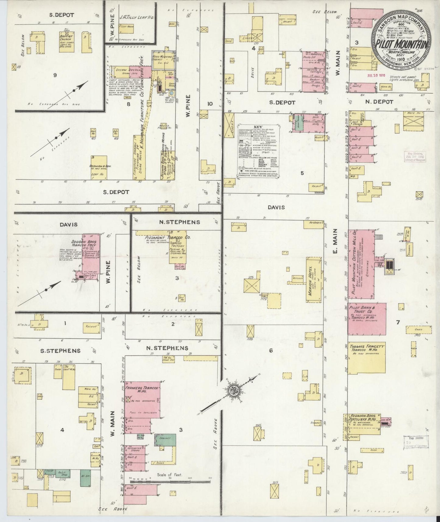 Sanborn Fire Insurance Map from Pilot Mountain, Surry County, North Carolina (1910), Sheet #0001 - Historic Sanborn Fire Insurance Map Print, vintage old map wall art, antique decor, genealogy gift, North Carolina North Carolina map