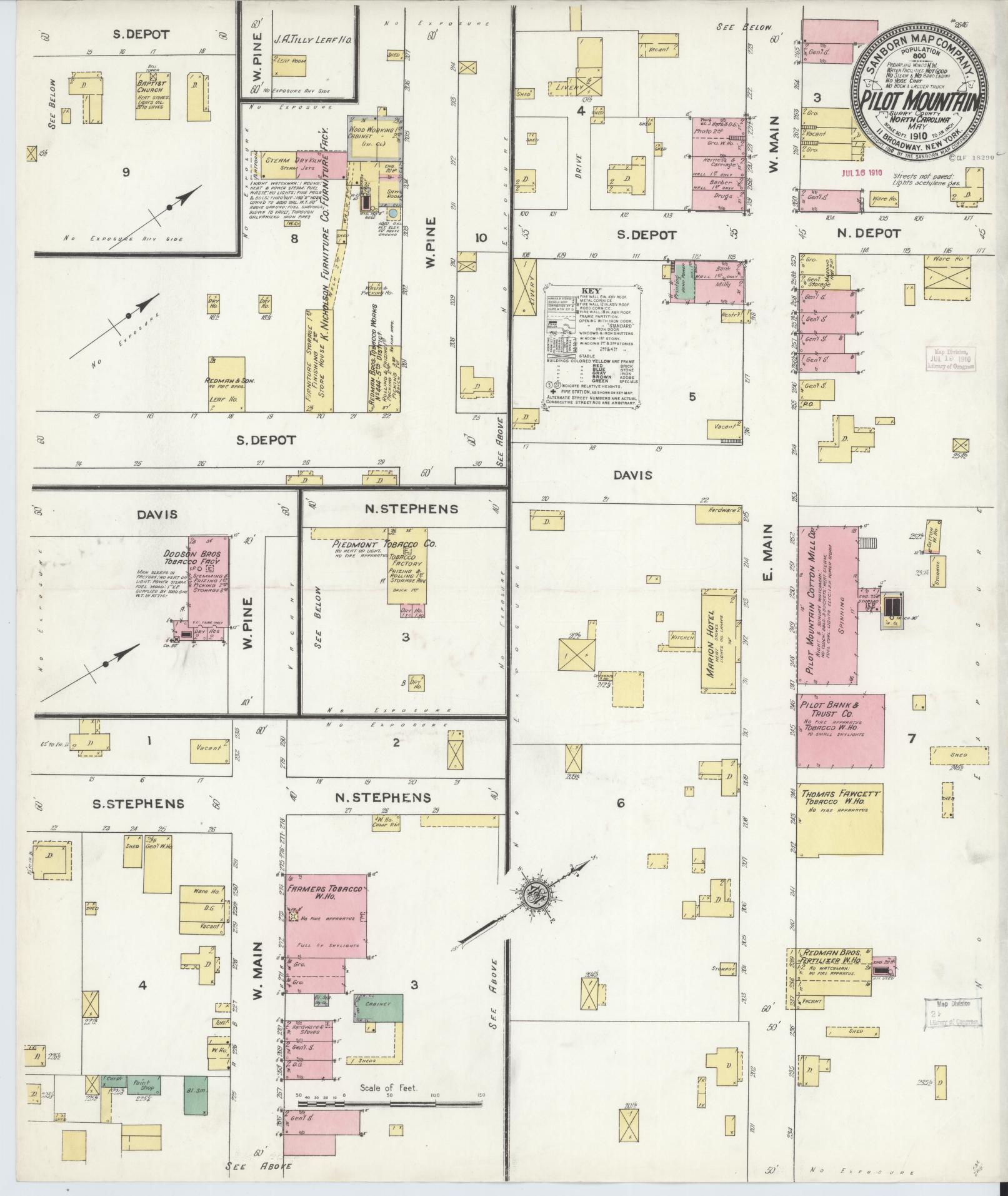 Sanborn Fire Insurance Map from Pilot Mountain, Surry County, North Carolina (1910), Sheet #0001 - Historic Sanborn Fire Insurance Map Print, vintage old map wall art, antique decor, genealogy gift, North Carolina North Carolina map