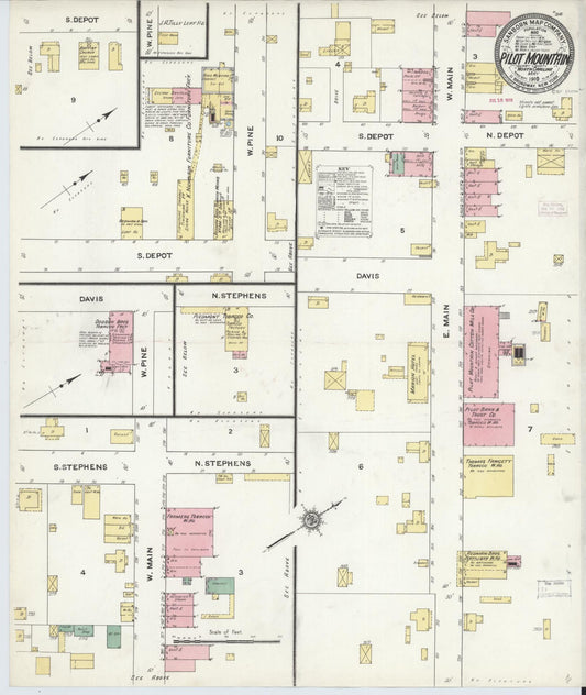 Sanborn Fire Insurance Map from Pilot Mountain, Surry County, North Carolina (1910), Sheet #0001 - Historic Sanborn Fire Insurance Map Print, vintage old map wall art, antique decor, genealogy gift, North Carolina North Carolina map