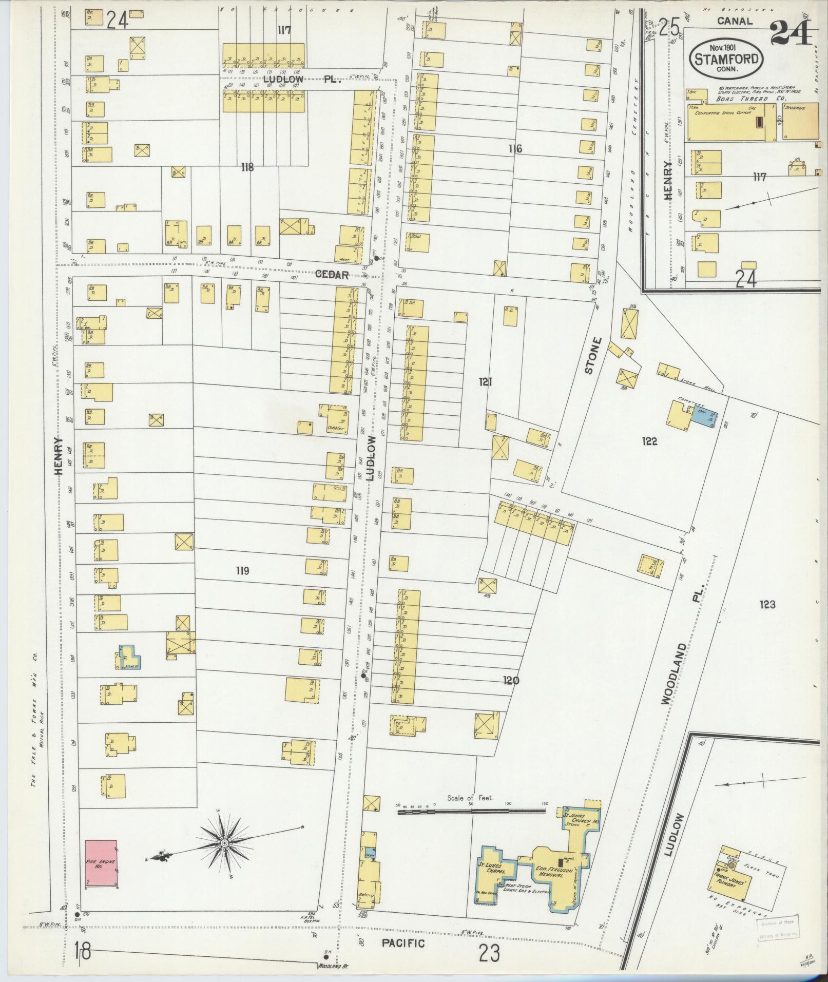 Sanborn Fire Insurance Map from Stamford, Fairfield County, Connecticut (1901), Sheet #0024 - Historic Sanborn Fire Insurance Map Print, vintage old map wall art, antique decor, genealogy gift, Connecticut Connecticut map