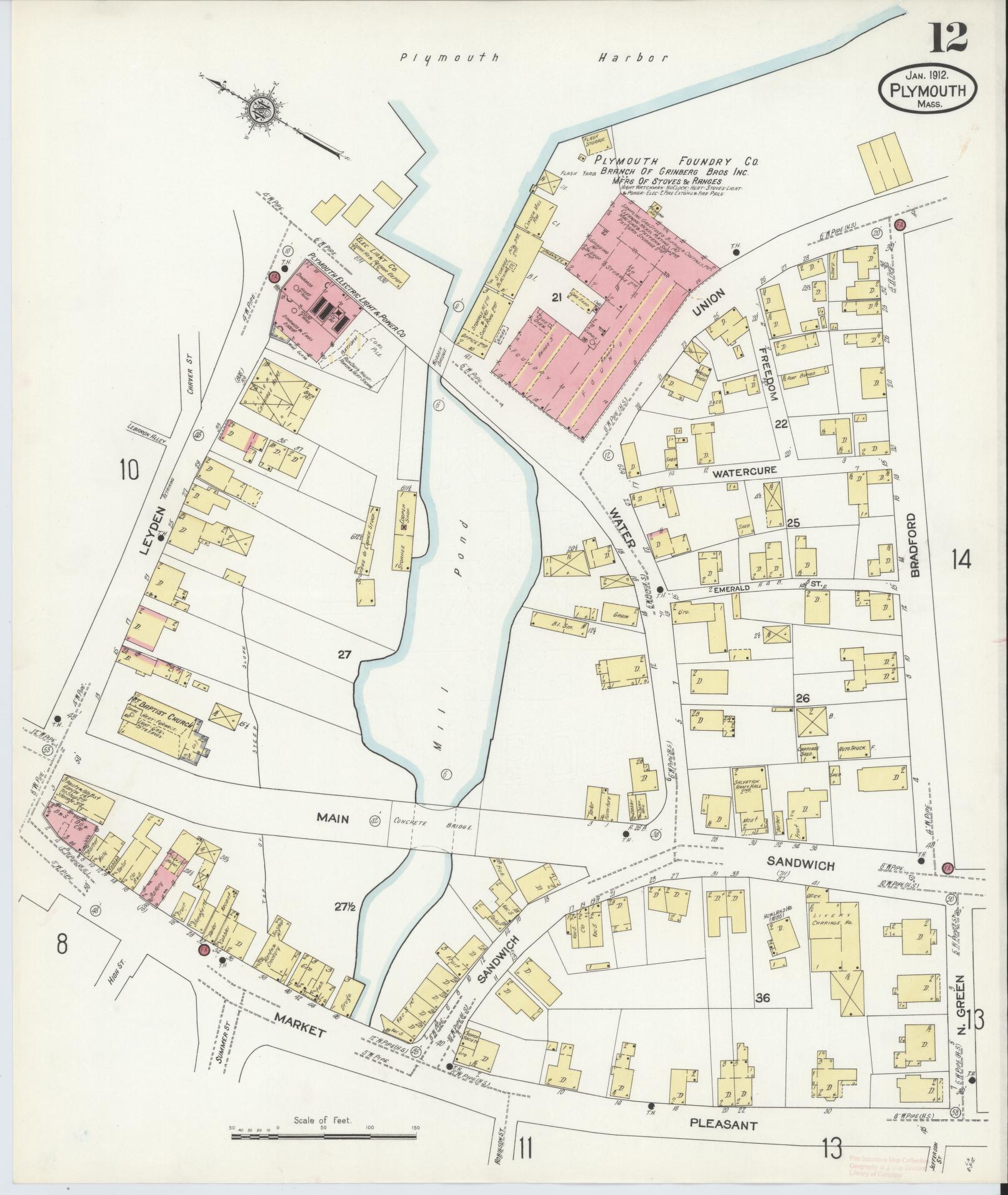 Sanborn Fire Insurance Map from Plymouth, Plymouth County, Massachusetts (1912), Sheet #0012 - Historic Sanborn Fire Insurance Map Print, vintage old map wall art, antique decor, genealogy gift, Massachusetts Massachusetts map
