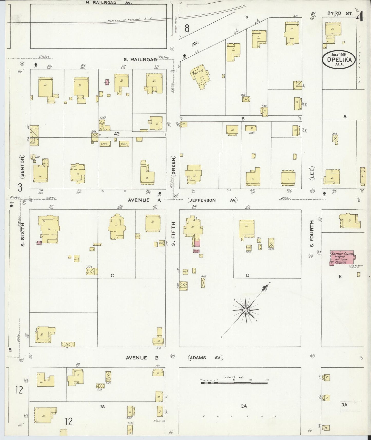 Sanborn Fire Insurance Map from Opelika, Lee County, Alabama (1909), Sheet #0004 - Historic Sanborn Fire Insurance Map Print, vintage old map wall art, antique decor, genealogy gift, Alabama Alabama map