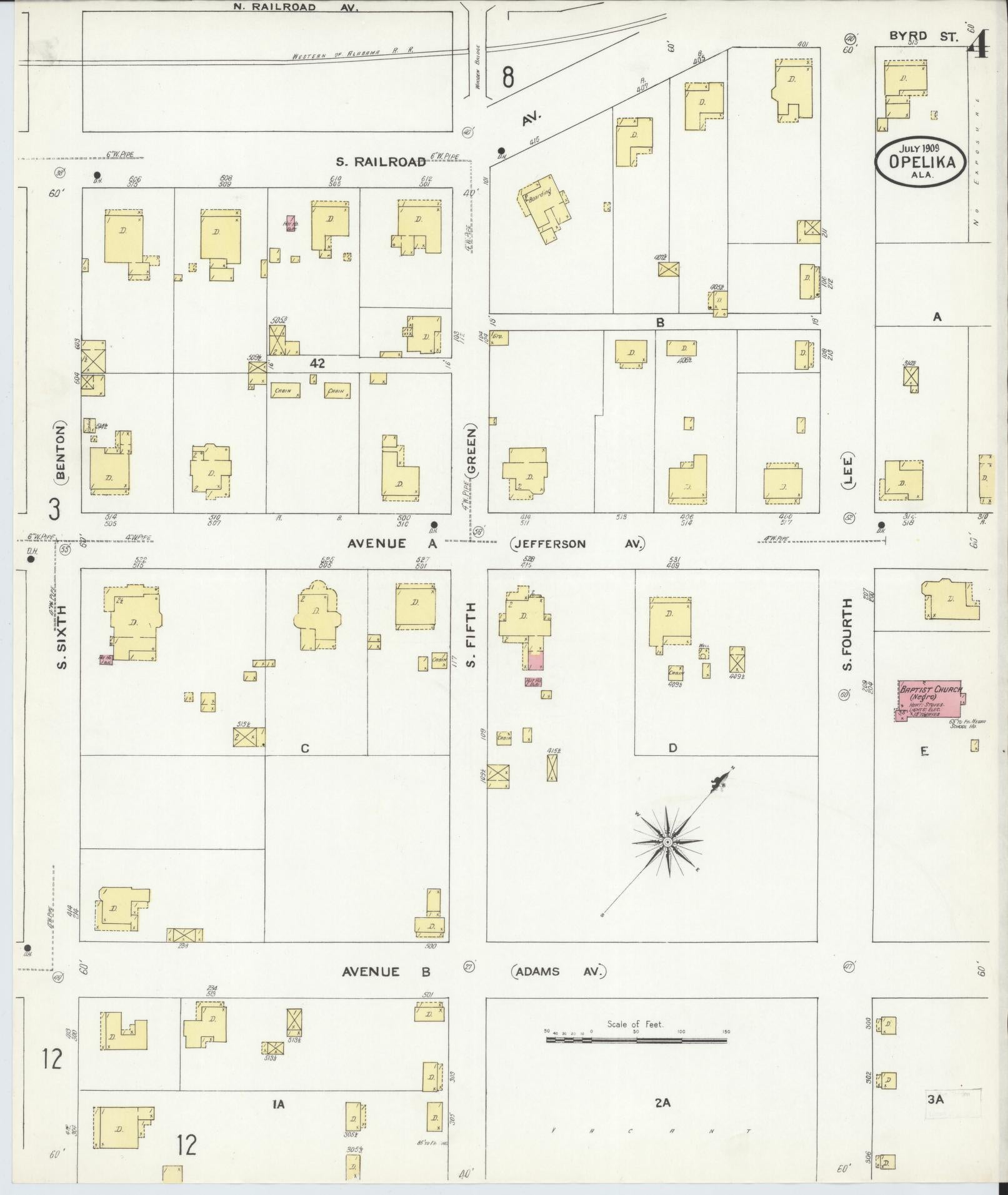 Sanborn Fire Insurance Map from Opelika, Lee County, Alabama (1909), Sheet #0004 - Historic Sanborn Fire Insurance Map Print, vintage old map wall art, antique decor, genealogy gift, Alabama Alabama map