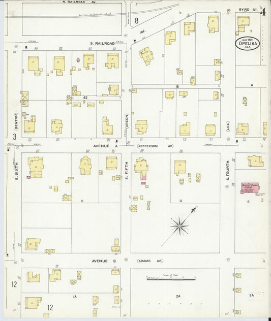 Sanborn Fire Insurance Map from Opelika, Lee County, Alabama (1909), Sheet #0004 - Historic Sanborn Fire Insurance Map Print, vintage old map wall art, antique decor, genealogy gift, Alabama Alabama map