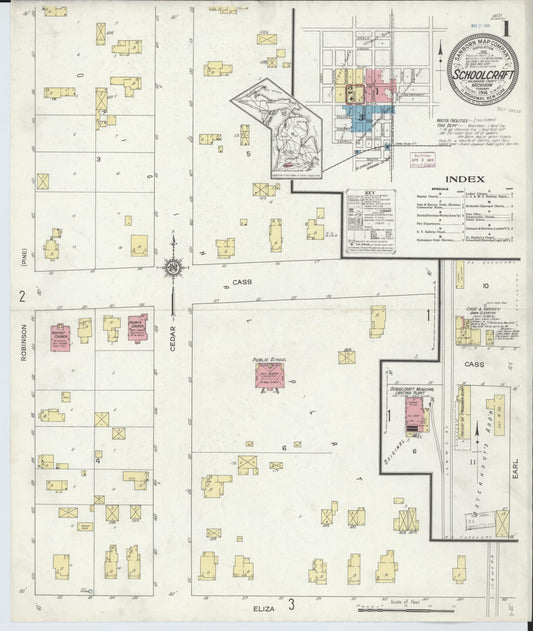 Sanborn Fire Insurance Map from Schoolcraft, Kalamazoo County, Michigan (1914), Sheet #0001 - Complete Map Set gallery image, historic Sanborn map, vintage wall art, Michigan Michigan