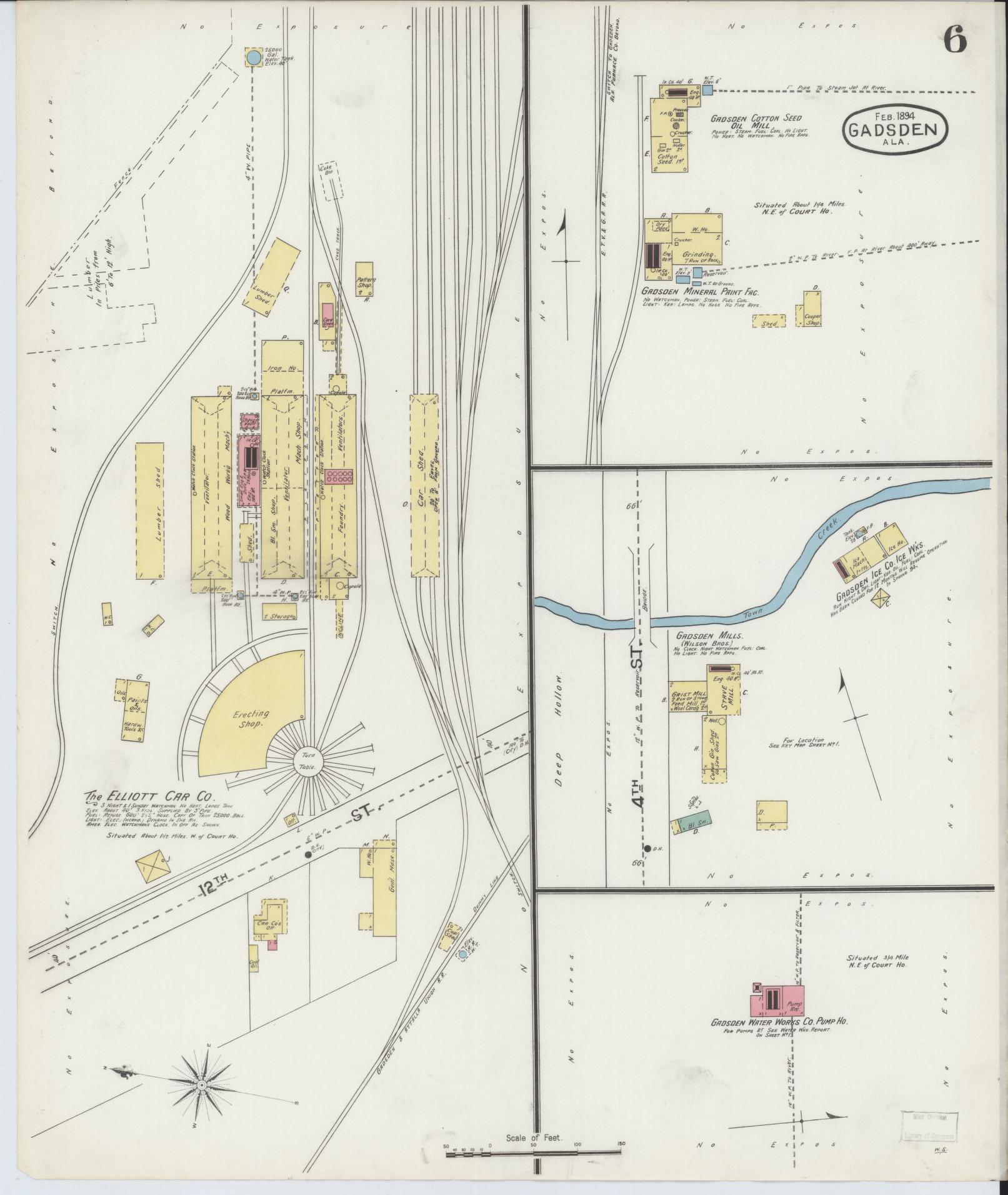 Sanborn Fire Insurance Map from Gadsden, Etowah County, Alabama (1894), Sheet #0006 - Historic Sanborn Fire Insurance Map Print, vintage old map wall art, antique decor, genealogy gift, Alabama Alabama map