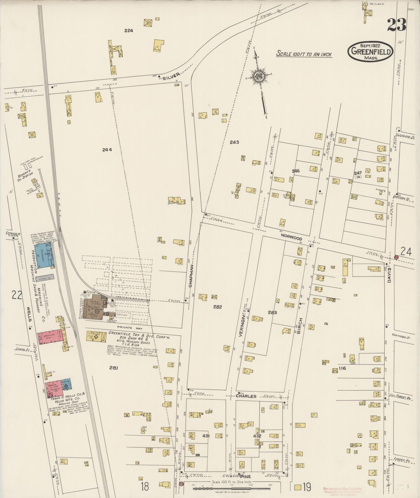 Sanborn Fire Insurance Map from Greenfield, Franklin County, Massachusetts (1922), Sheet #0023 - Complete Map Set gallery image, historic Sanborn map, vintage wall art, Massachusetts Massachusetts