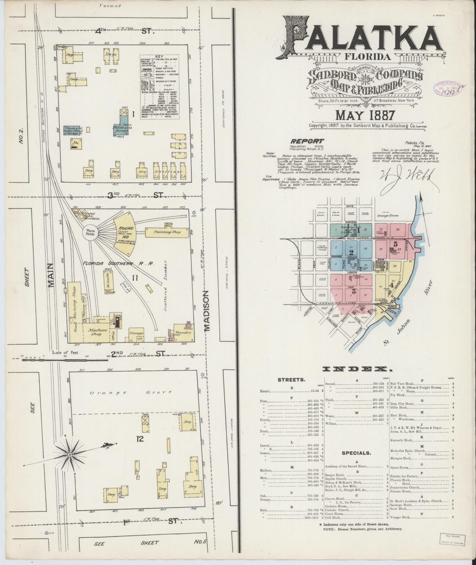 Sanborn Fire Insurance Map from Palatka, Putnam County, Florida (1887), Sheet #0001 - Historic Sanborn Fire Insurance Map Print, vintage old map wall art, antique decor, genealogy gift, Florida Florida map