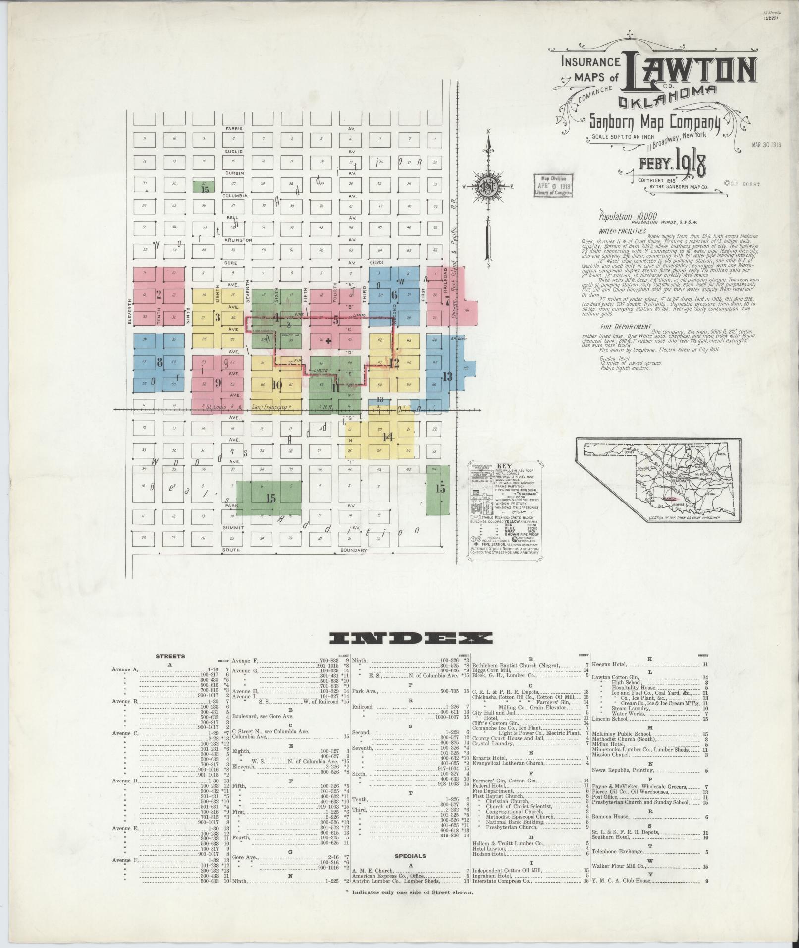 Sanborn Fire Insurance Map from Lawton, Comanche County, Oklahoma (1918), Sheet #0001 - Historic Sanborn Fire Insurance Map Print, vintage old map wall art, antique decor, genealogy gift, Oklahoma Oklahoma map