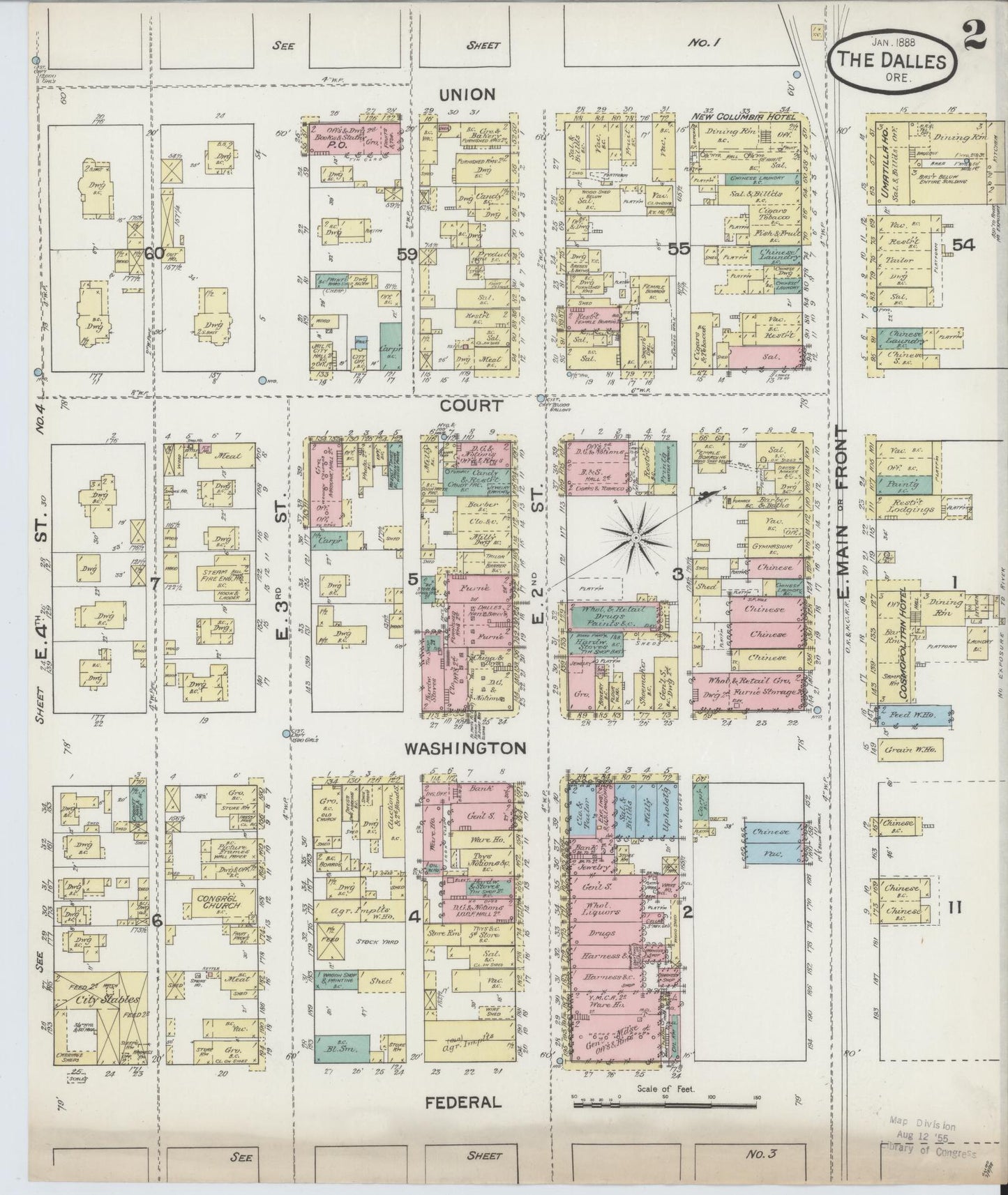 Sanborn Fire Insurance Map from The Dalles, Wasco County, Oregon (1888), Sheet #0002 - Complete Map Set gallery image, historic Sanborn map, vintage wall art, Oregon Oregon