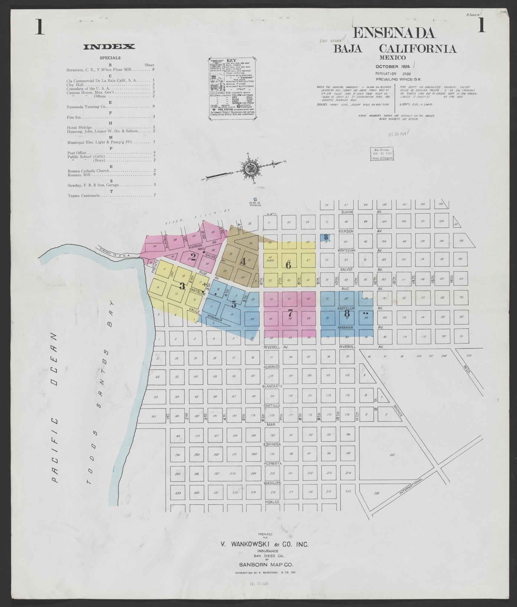 Sanborn Fire Insurance Map from Ensenada, Baja California (Mexico) (1924), Sheet #0001 - Complete Map Set gallery image, historic Sanborn map, vintage wall art, California California