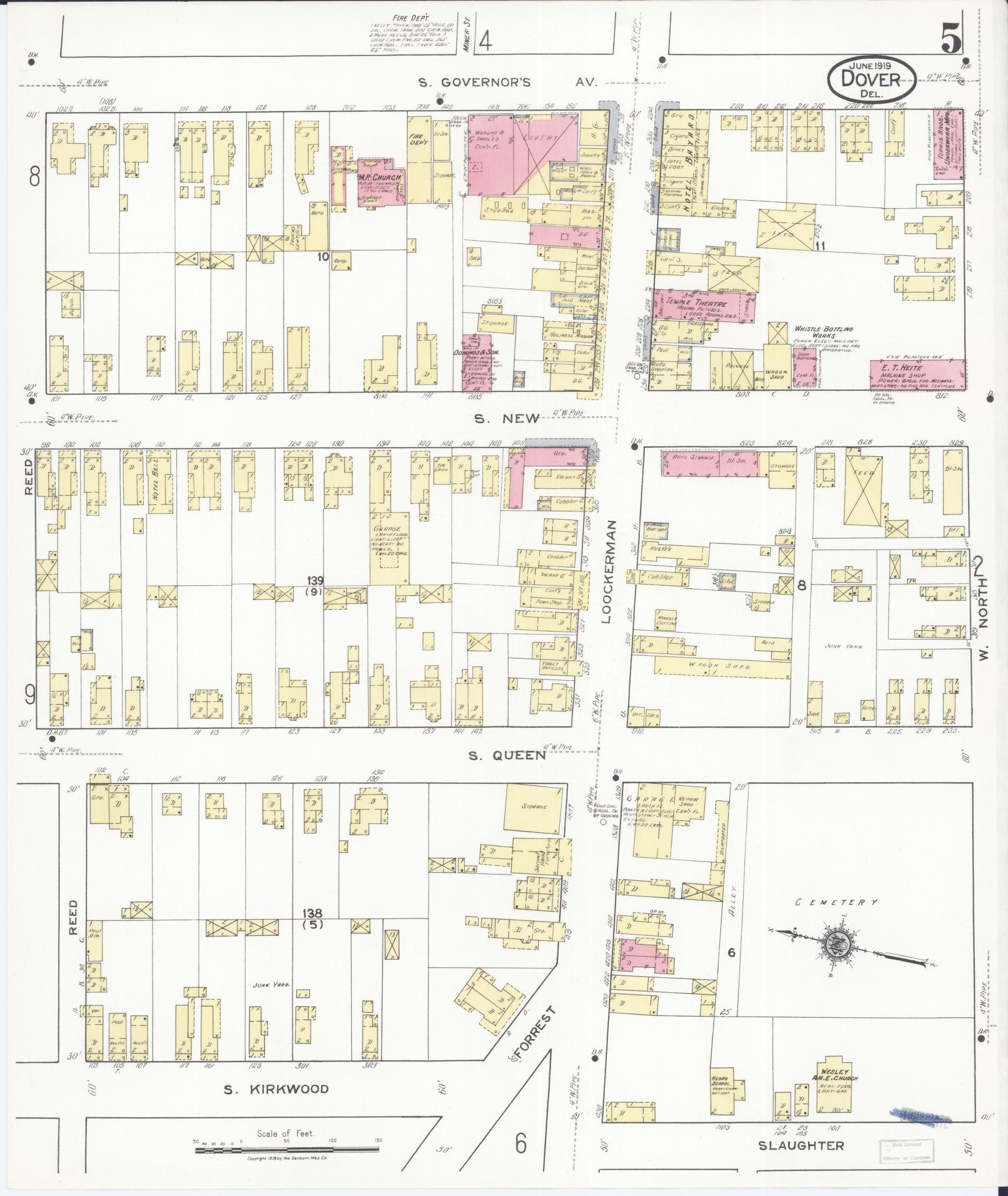 Sanborn Fire Insurance Map from Dover, Kent County, Delaware (1919), Sheet #0005 - Historic Sanborn Fire Insurance Map Print, vintage old map wall art, antique decor, genealogy gift, Delaware Delaware map
