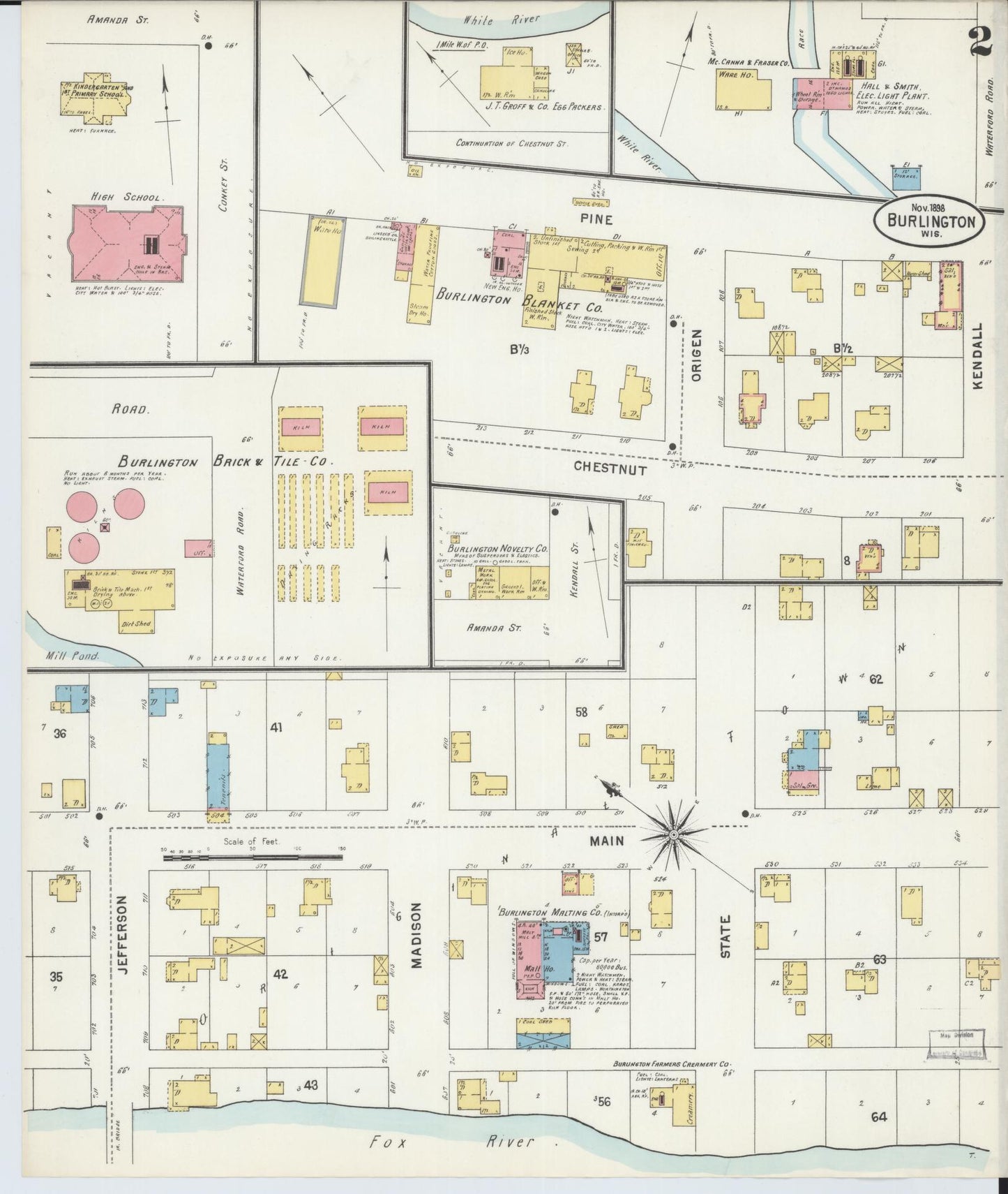 Sanborn Fire Insurance Map from Burlington, Racine County, Wisconsin (1898), Sheet #0002 - Complete Map Set gallery image, historic Sanborn map, vintage wall art, Wisconsin Wisconsin