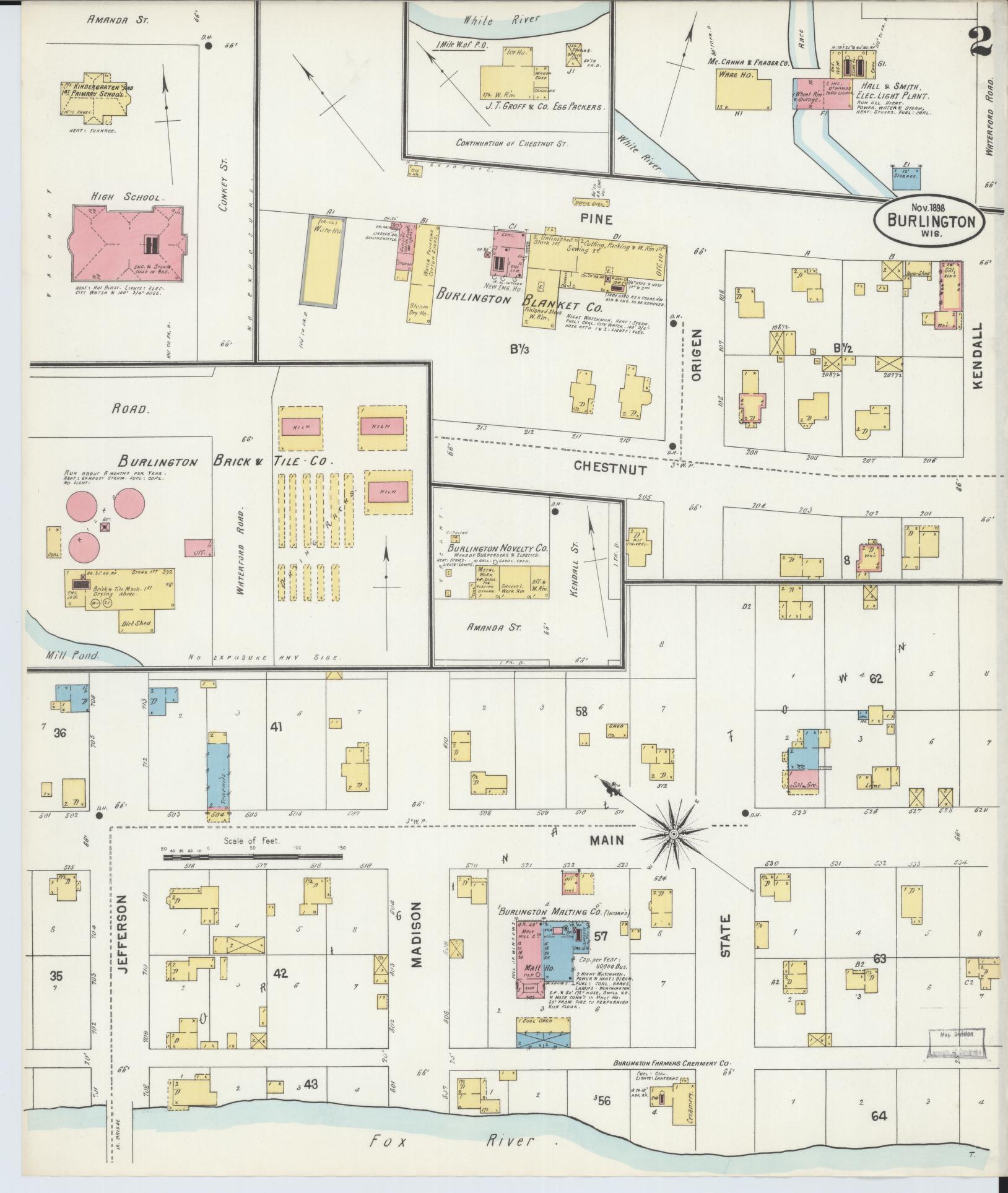 Sanborn Fire Insurance Map from Burlington, Racine County, Wisconsin (1898), Sheet #0002 - Complete Map Set gallery image, historic Sanborn map, vintage wall art, Wisconsin Wisconsin