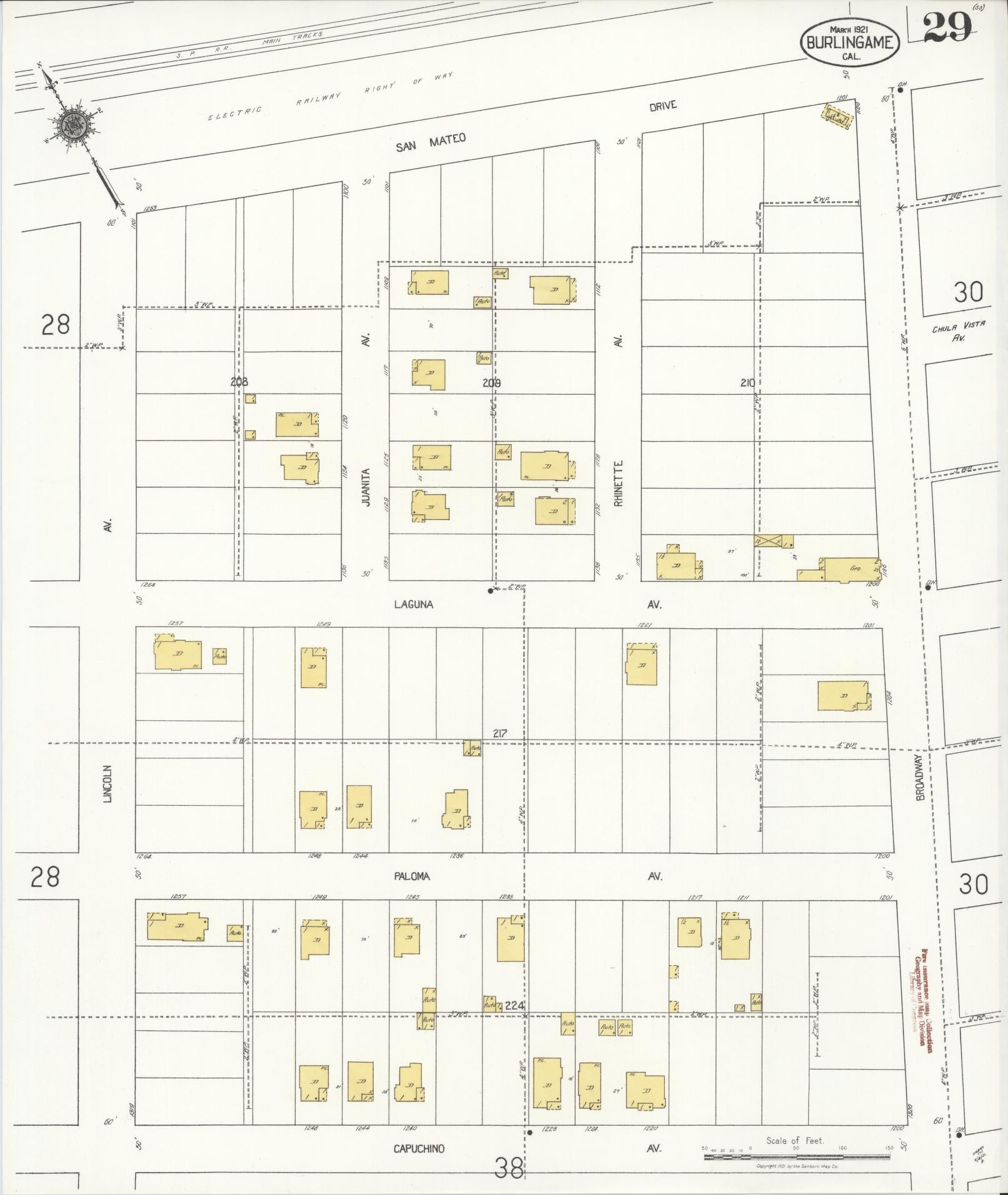 Sanborn Fire Insurance Map from Burlingame, San Mateo County, California (1921), Sheet #0029 - Historic Sanborn Fire Insurance Map Print, vintage old map wall art, antique decor, genealogy gift, California California map