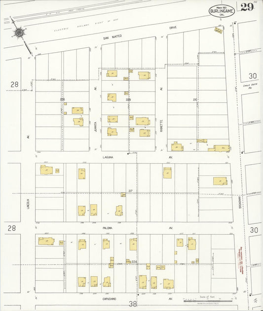 Sanborn Fire Insurance Map from Burlingame, San Mateo County, California (1921), Sheet #0029 - Historic Sanborn Fire Insurance Map Print, vintage old map wall art, antique decor, genealogy gift, California California map