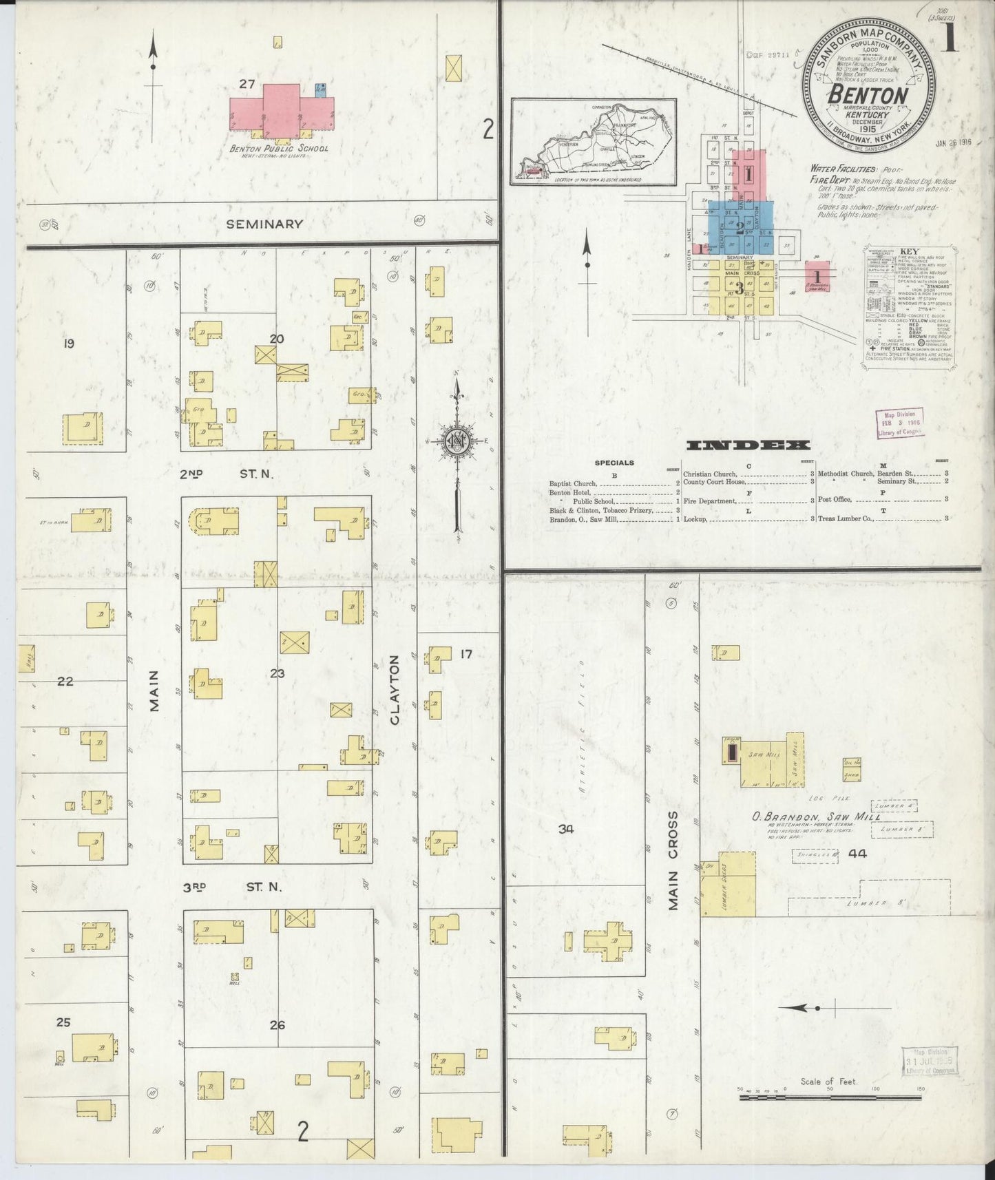 Sanborn Fire Insurance Map from Benton, Marshall County, Kentucky (1915), Sheet #0001 - Complete Map Set gallery image, historic Sanborn map, vintage wall art, Kentucky Kentucky
