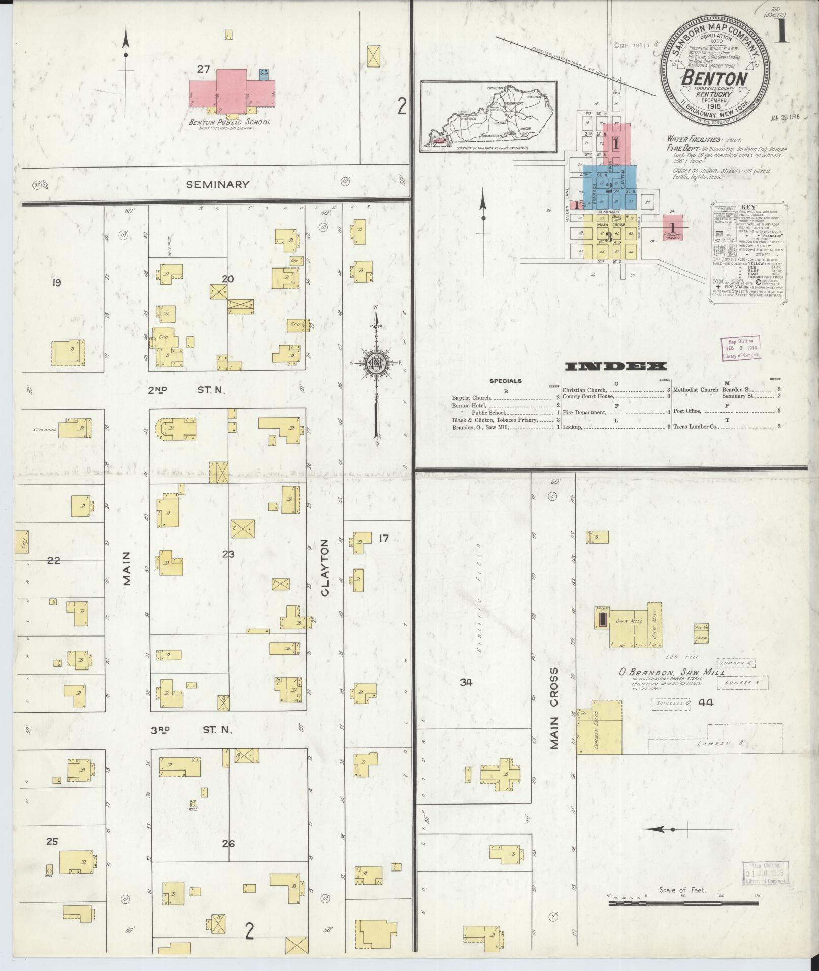 Sanborn Fire Insurance Map from Benton, Marshall County, Kentucky (1915), Sheet #0001 - Complete Map Set gallery image, historic Sanborn map, vintage wall art, Kentucky Kentucky