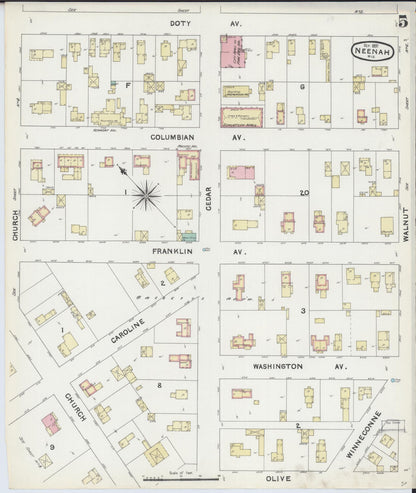 Sanborn Fire Insurance Map from Neenah, Winnebago County, Wisconsin (1891), Sheet #0005 - Historic Sanborn Fire Insurance Map Print, vintage old map wall art, antique decor, genealogy gift, Wisconsin Wisconsin map