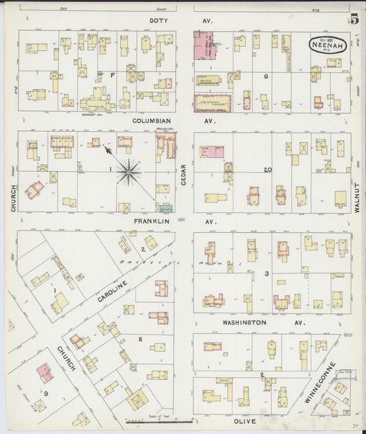 Sanborn Fire Insurance Map from Neenah, Winnebago County, Wisconsin (1891), Sheet #0005 - Historic Sanborn Fire Insurance Map Print, vintage old map wall art, antique decor, genealogy gift, Wisconsin Wisconsin map