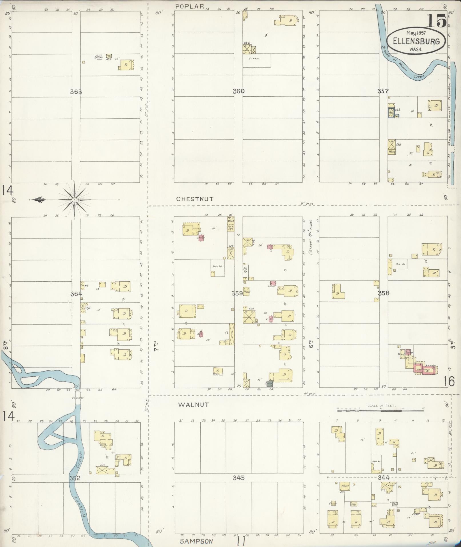 Sanborn Fire Insurance Map from Ellensburg, Kittitas County, Washington (1897), Sheet #0015 - Historic Sanborn Fire Insurance Map Print, vintage old map wall art, antique decor, genealogy gift, Washington Washington map