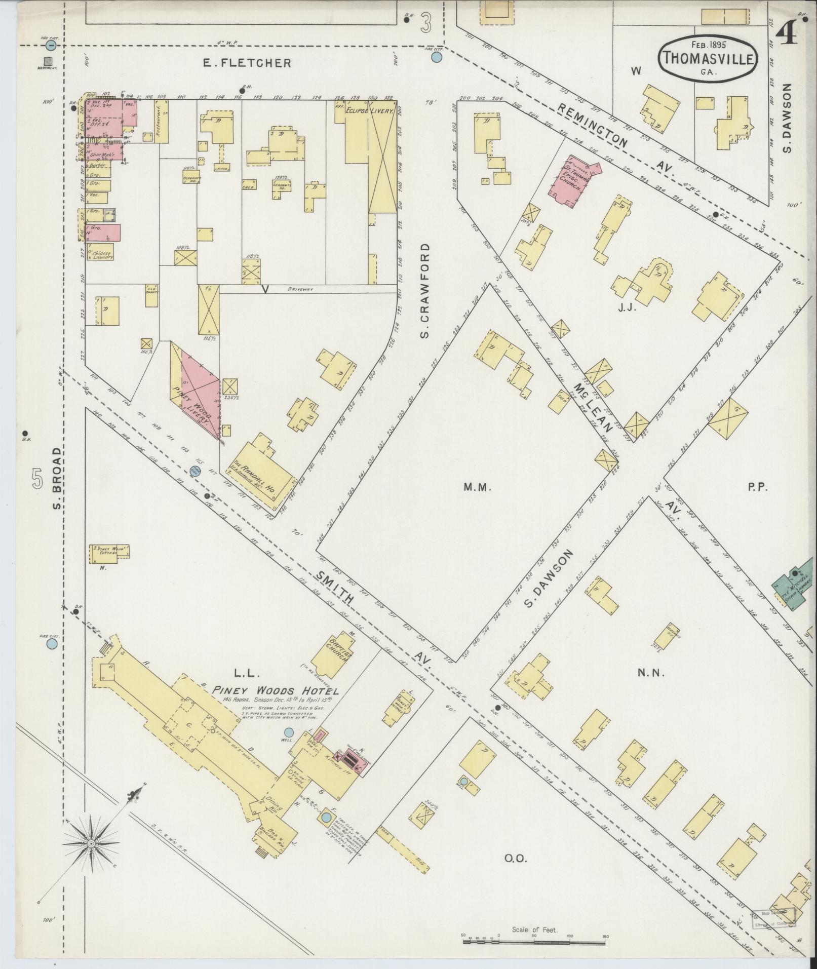 Sanborn Fire Insurance Map from Thomasville, Thomas County, Georgia (1895), Sheet #0004 - Historic Sanborn Fire Insurance Map Print, vintage old map wall art, antique decor, genealogy gift, Georgia Georgia map