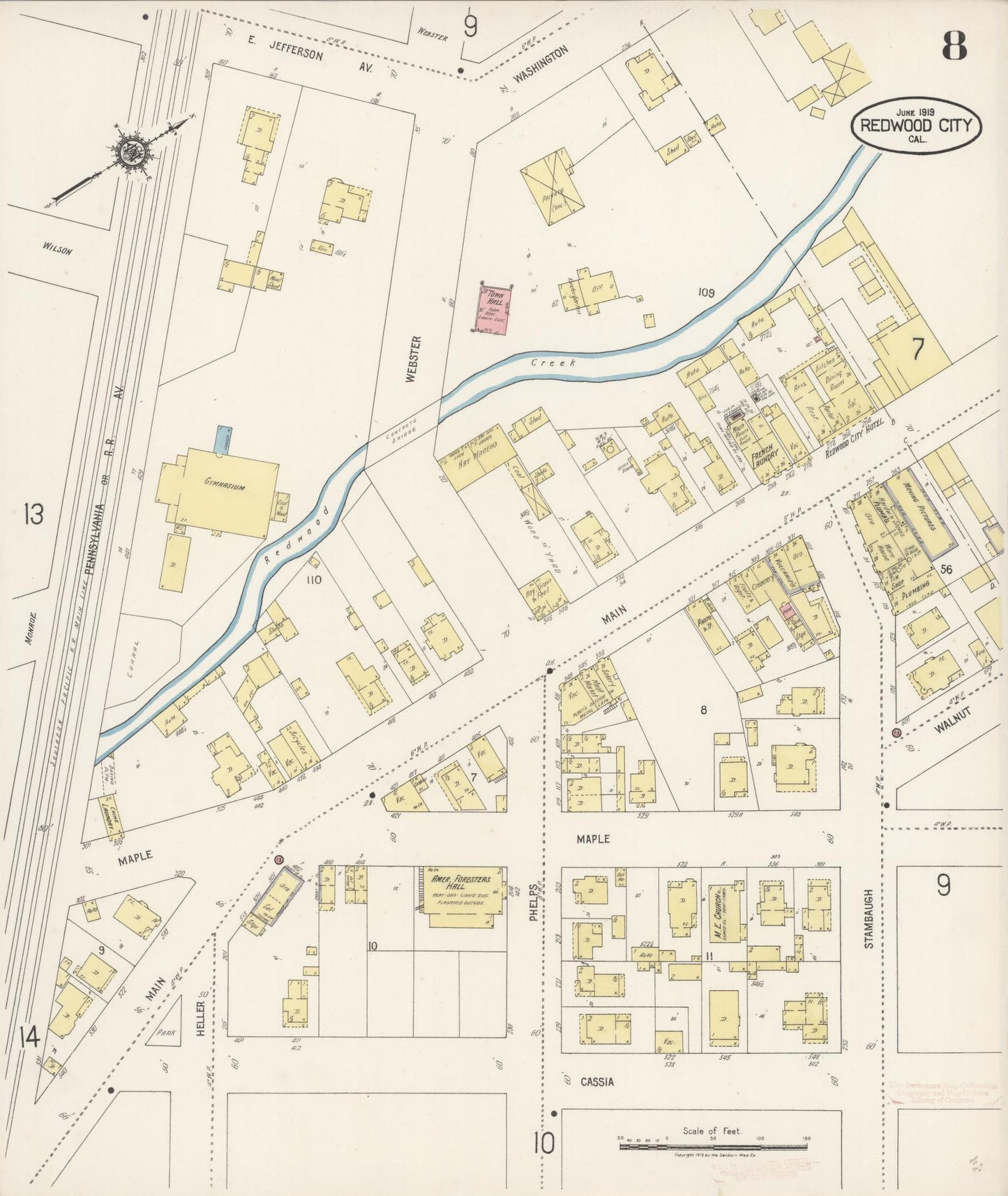 Sanborn Fire Insurance Map from Redwood City, San Mateo County, California (1919), Sheet #0008 - Complete Map Set gallery image, historic Sanborn map, vintage wall art, California California
