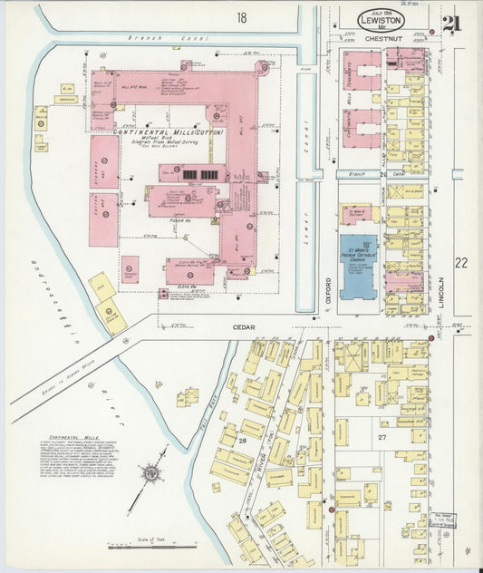 Sanborn Fire Insurance Map from Lewiston, Androscoggin County, Maine (1914), Sheet #0021 - Historic Sanborn Fire Insurance Map Print, vintage old map wall art, antique decor, genealogy gift, Maine Maine map