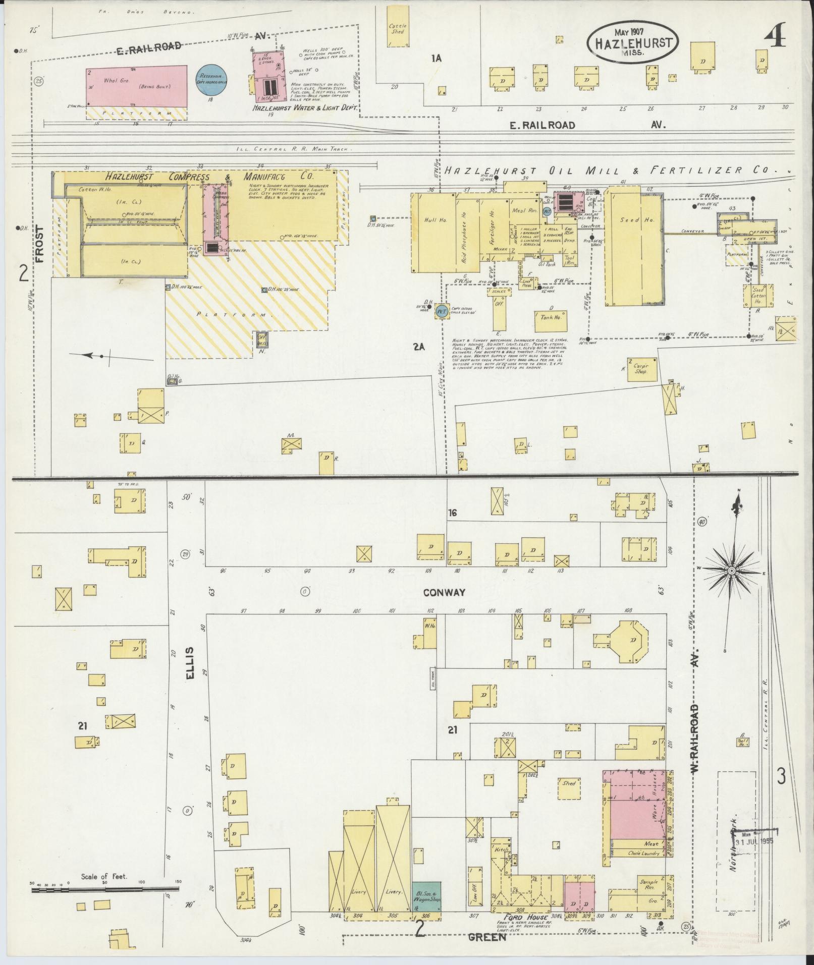 Sanborn Fire Insurance Map from Hazlehurst, Copiah County, Mississippi (1907), Sheet #0004 - Historic Sanborn Fire Insurance Map Print, vintage old map wall art, antique decor, genealogy gift, Mississippi Mississippi map