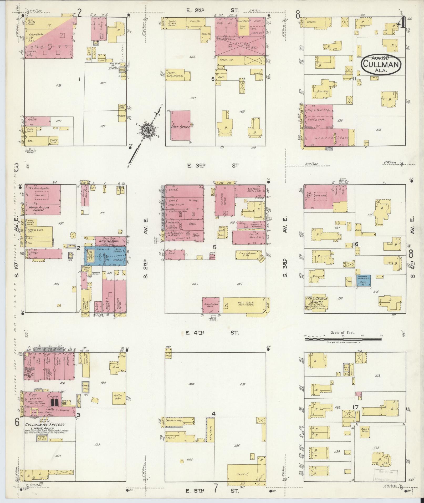 Sanborn Fire Insurance Map from Cullman, Cullman County, Alabama (1917), Sheet #0004 - Historic Sanborn Fire Insurance Map Print, vintage old map wall art, antique decor, genealogy gift, Alabama Alabama map
