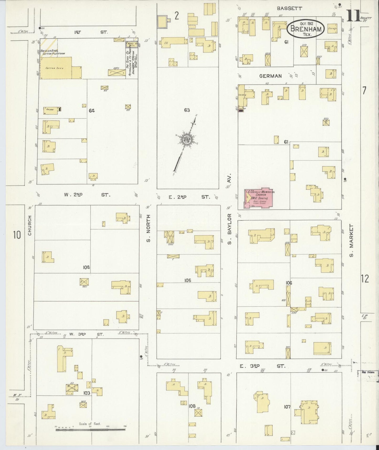 Sanborn Fire Insurance Map from Brenham, Washington County, Texas (1912), Sheet #0011 - Historic Sanborn Fire Insurance Map Print, vintage old map wall art, antique decor, genealogy gift, Texas Texas map
