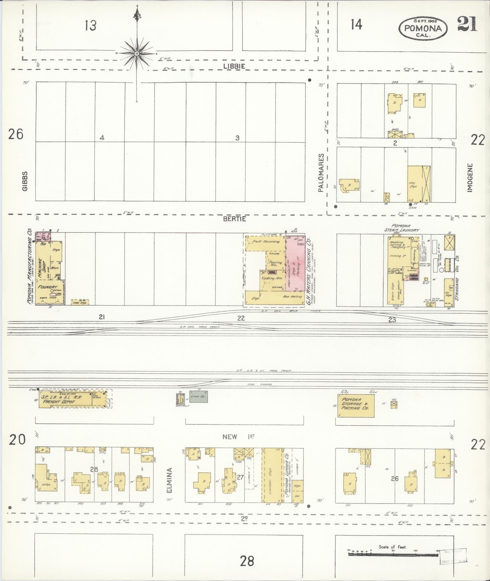 Sanborn Fire Insurance Map from Pomona, Los Angeles County, California (1906), Sheet #0021 - Complete Map Set gallery image, historic Sanborn map, vintage wall art, California California