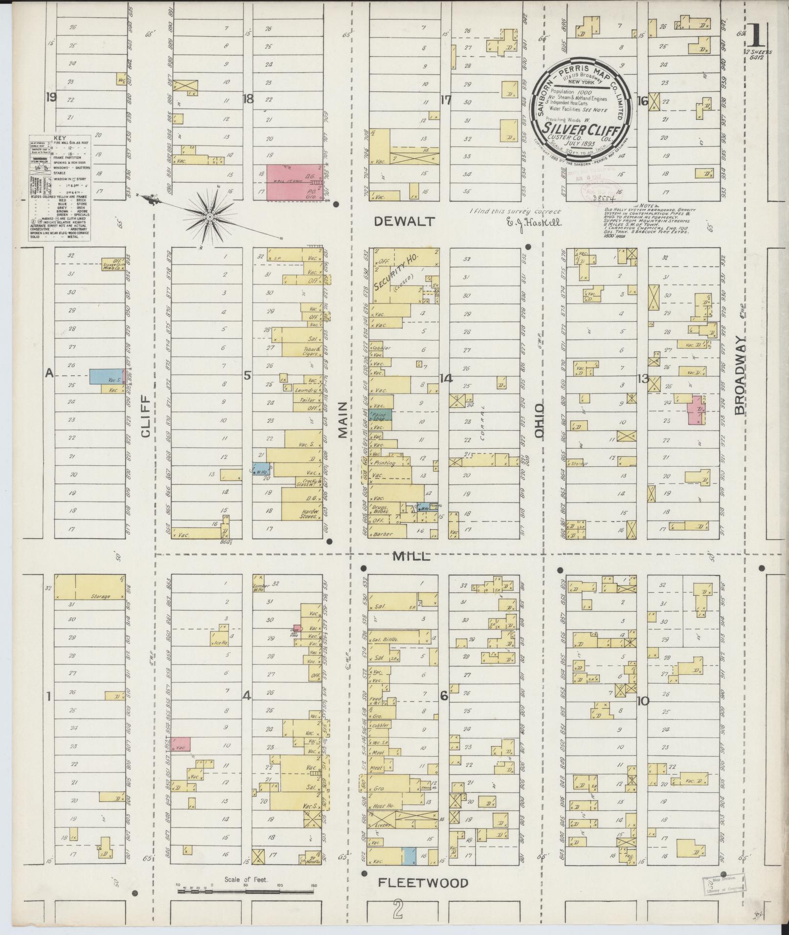 Sanborn Fire Insurance Map from Silver Cliff, Custer County, Colorado (1893), Sheet #0001 - Historic Sanborn Fire Insurance Map Print, vintage old map wall art, antique decor, genealogy gift, Colorado Colorado map