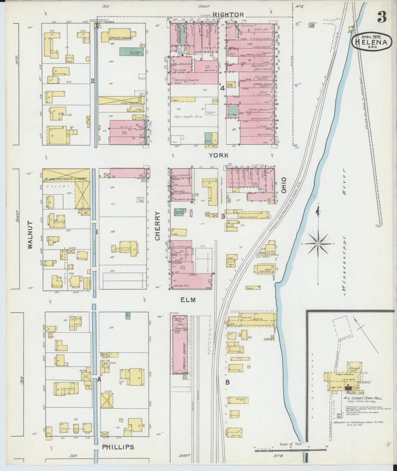 Sanborn Fire Insurance Map from Helena, Phillips County, Arkansas (1892), Sheet #0003 - Historic Sanborn Fire Insurance Map Print, vintage old map wall art, antique decor, genealogy gift, Arkansas Arkansas map