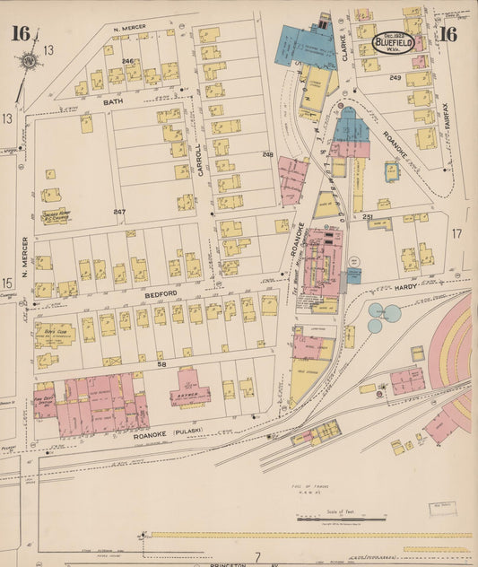 Sanborn Fire Insurance Map from Bluefield, Mercer County, West Virginia (1922), Sheet #0016 - Historic Sanborn Fire Insurance Map Print, vintage old map wall art, antique decor, genealogy gift, West Virginia West Virginia map