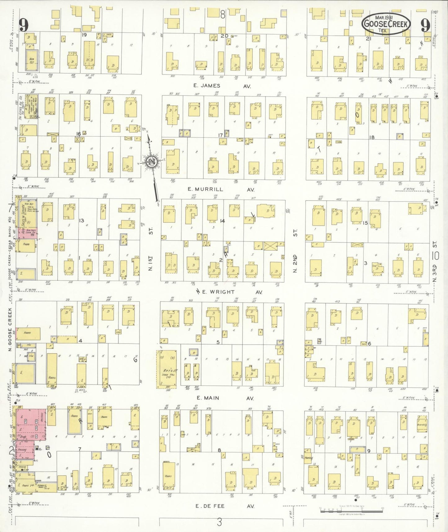 Sanborn Fire Insurance Map from Goose Creek, Harris County, Texas (1931), Sheet #0009 - Historic Sanborn Fire Insurance Map Print, vintage old map wall art, antique decor, genealogy gift, Texas Texas map
